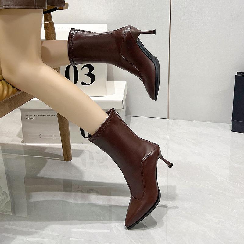 French high-heeled pointed short boots, new European and American thin-heeled bare boots, thin boots, retro brown short boots in autumn and winter 202