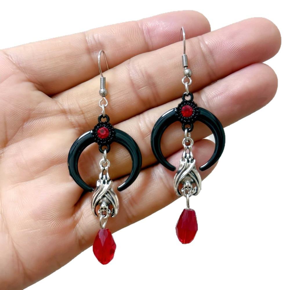 Exaggerated Gothic Black Crescent Moon Silver Color Bat Red Crystal Bead Dangle Earrings for Woman Halloween Mysterious Jewelry