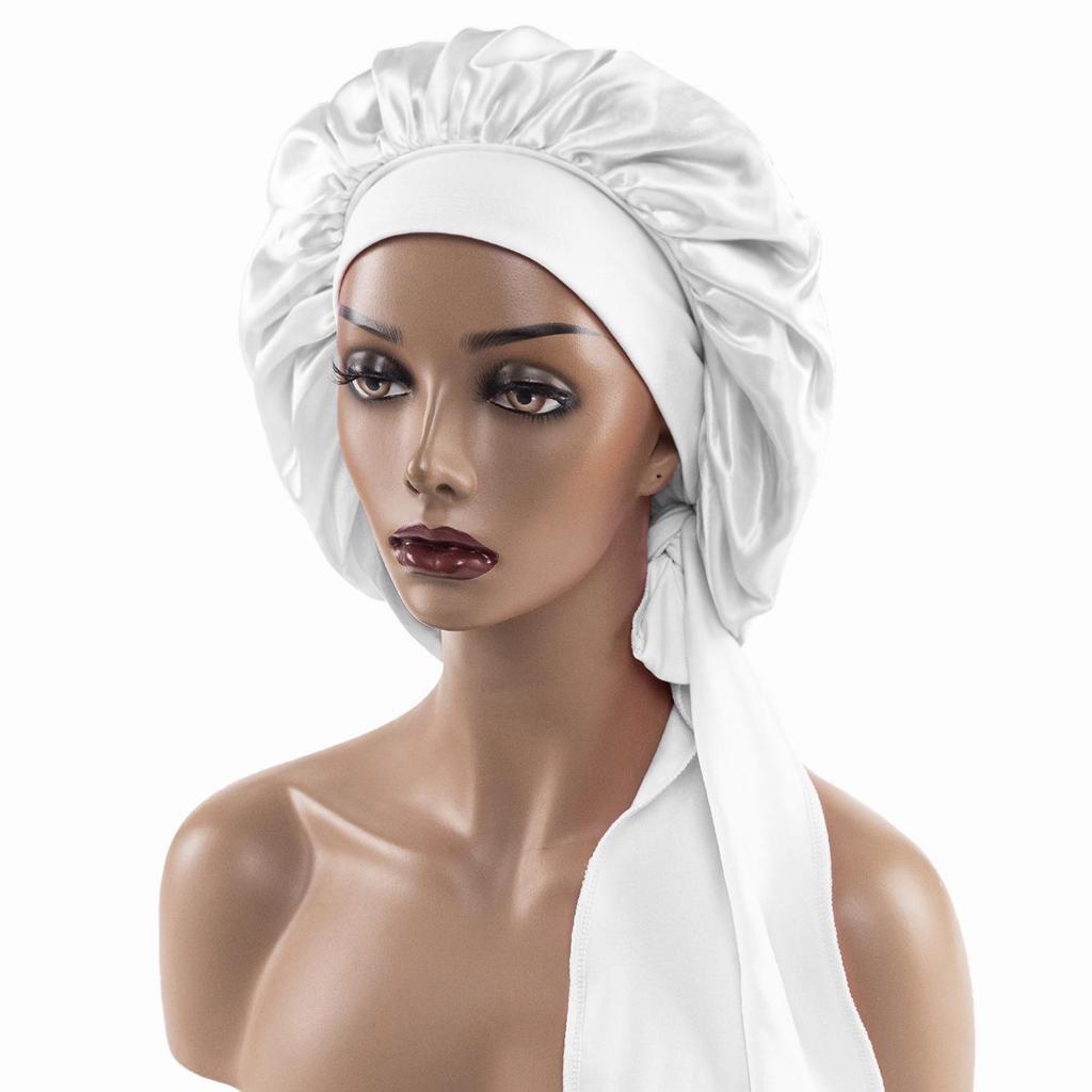 Satin Nightcap with Wide Elastic and Long Tail - Extra Large Women's Ribbon Shower Hat