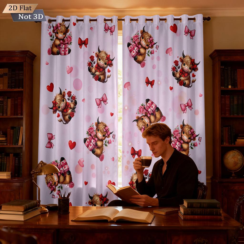 2pcs Valentine's Day Pink Romantic Highland Cow Print Punched Shade Curtain Multi Size Living Room Bedroom Insulation Decoration