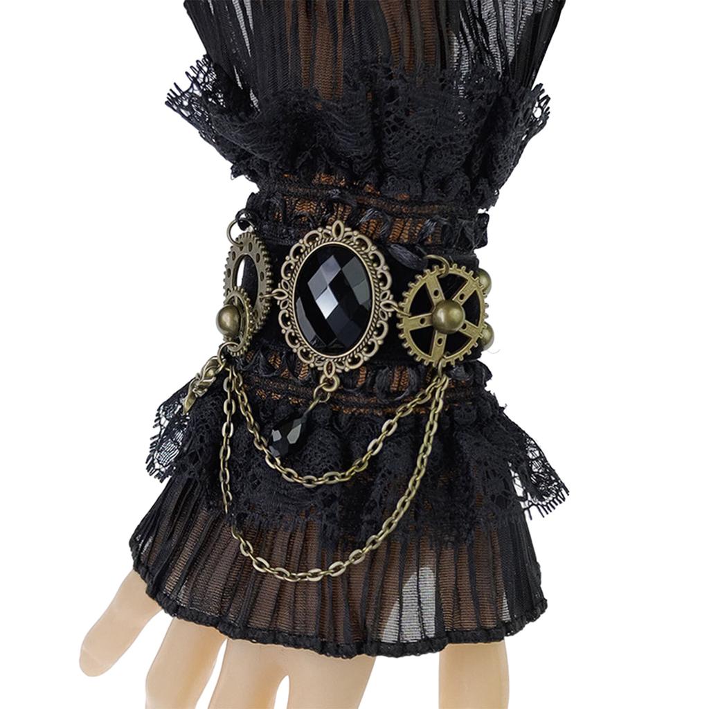 Gothic Steampunk Ruffled Lace Wrist Cuffs Fake Sleeve Crystals Gear Fingerless Gloves Halloween Arm Warmer Bracelet
