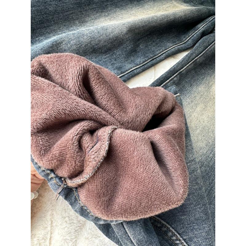 Plus Size Fleece-Lined American Style Wide-Leg Flare Jeans for Women - Autumn/Winter, Non-Stick Slim Fit