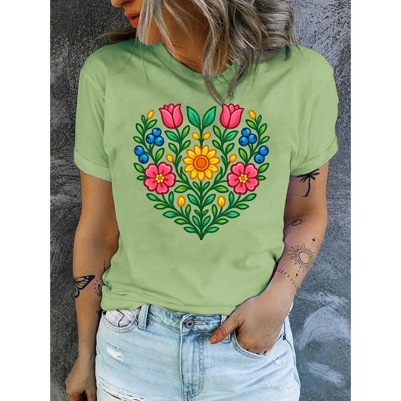 Vibrant Floral Print Design for Women'S Stylish Casual Round-Neck T-Shirt for Spring and Summer