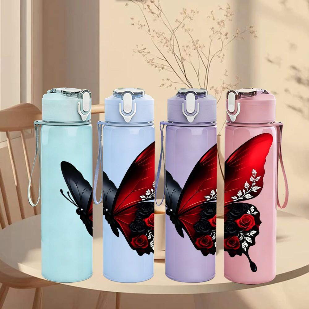 1PC Red Black Butterfly Wing Art Print 750ml Color Plastic Sports Water Bottle Leakproof Flip Straw Lid Suitable for Sports Office Home Use