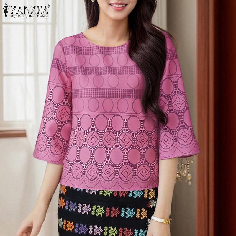 ZANZEA Women Casual Round Neck Summer 3/4 Sleeve Print Blouse
