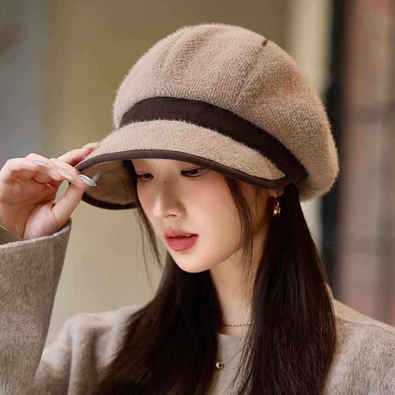 Versatile Plush Warm Octagonal Hat for Women In Autumn and Winter Outdoor Windproof Ear Protection Beret British Retro Baseball Cap