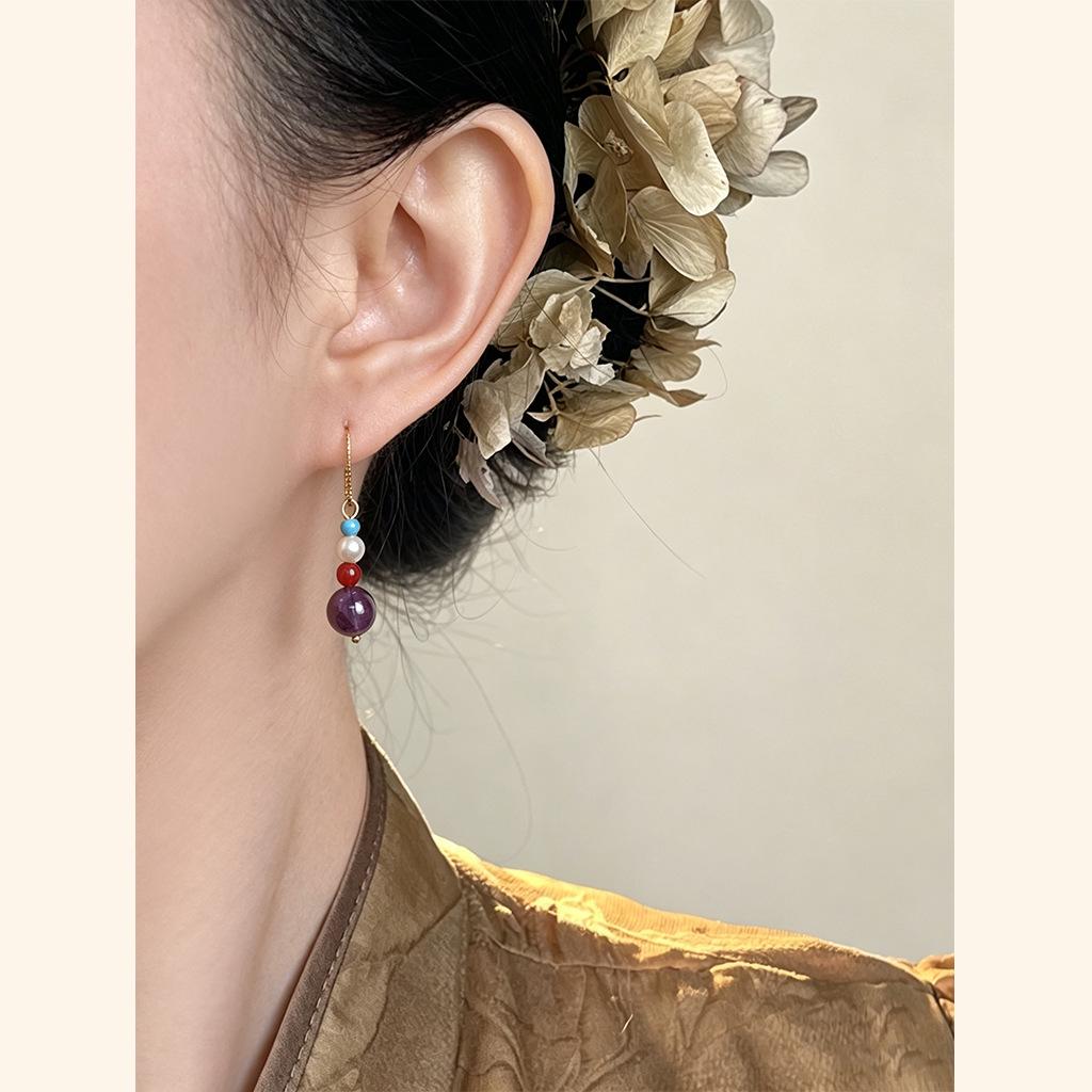 Handcrafted Amethyst Beaded Earrings: Retro Chinese Style for Cool Summer Elegance