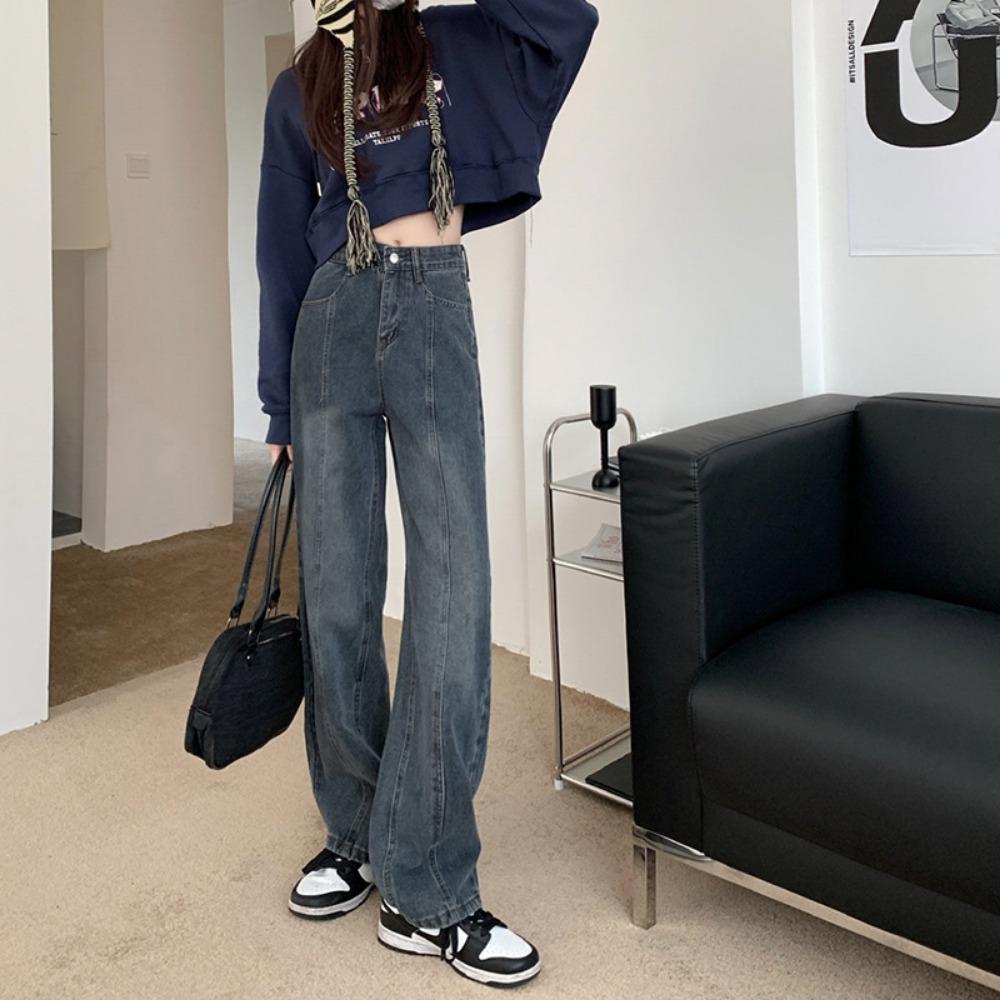 Autumn and Winter New Retro Blue Thin Denim Straight-leg Pants Women's 2025 Popular High-waisted Wide-leg Mopping Pants