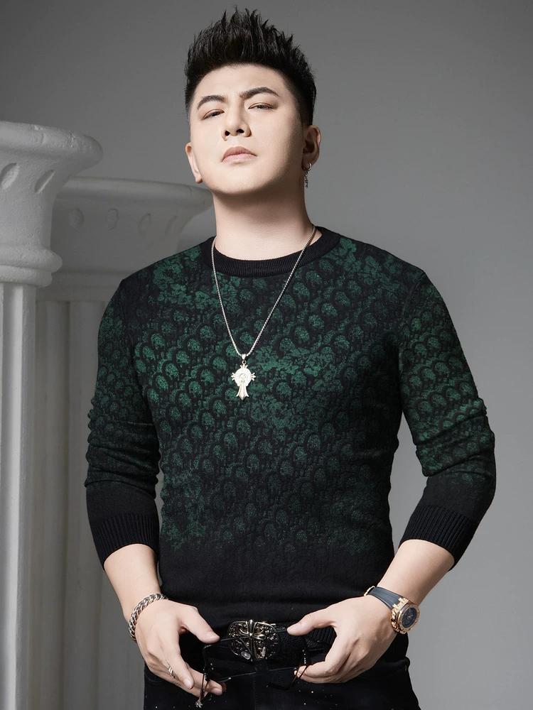 

European Trendy Brand Round-Neck Sweater for Men, 2025 Autumn and Winter New Style, Velvet Print, Warm Long-Sleeve Knitted Base Shirt 2XL чёрный