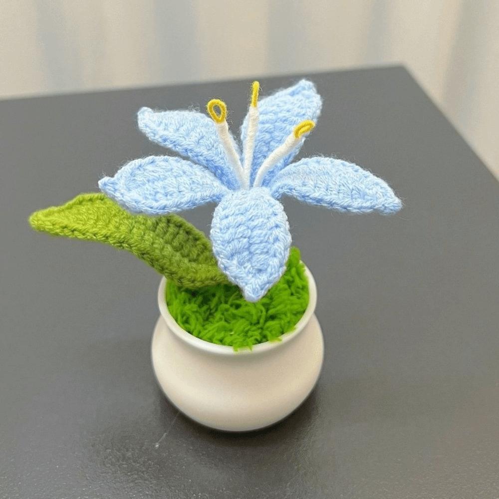 Mini Crochet Potted Plants Artificial Knitted Lily Flower Hand Woven Plant  Mother s Day синий