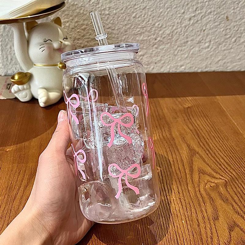 500ml Roztomilý Plastový Hrnek S Mašlí, Víčky a Brčkem, Tvarovaný Jako Zavařovací Sklenice, Hrnek na Kávu, Láhev na Vodu, Party Dárek Pro Ledovou Kávu, Hrnek na Džus