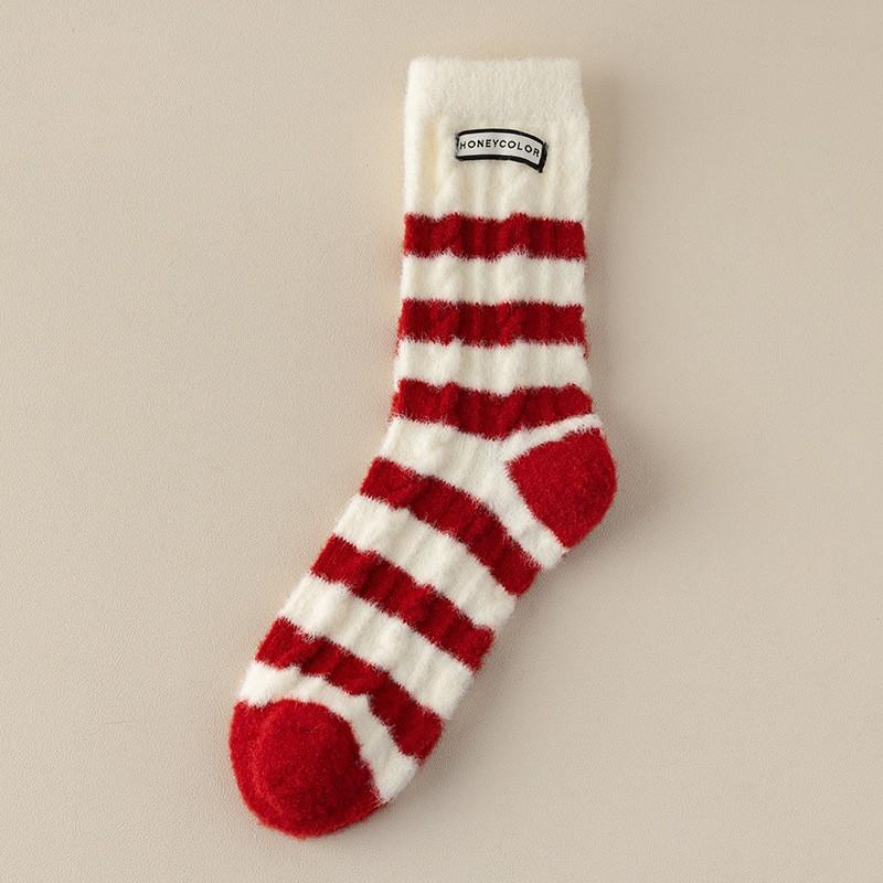 Socks Australian Fleece Season Fleece Thickened Thermal Home Floor Sleeping Socks Red Striped Medium Tube Socks