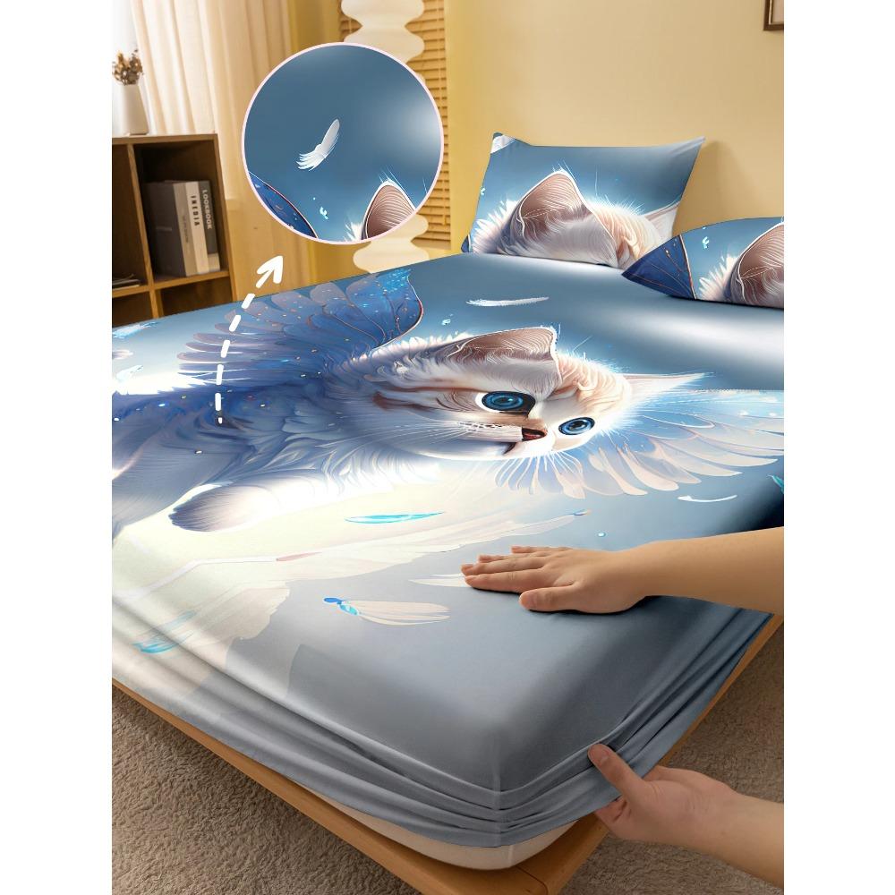 1 Cartoon Cute Animal Cat Digital Printed Frosted Fitted Sheet,bedroom Printed Bed Cover,bedding(No Pillowcase)