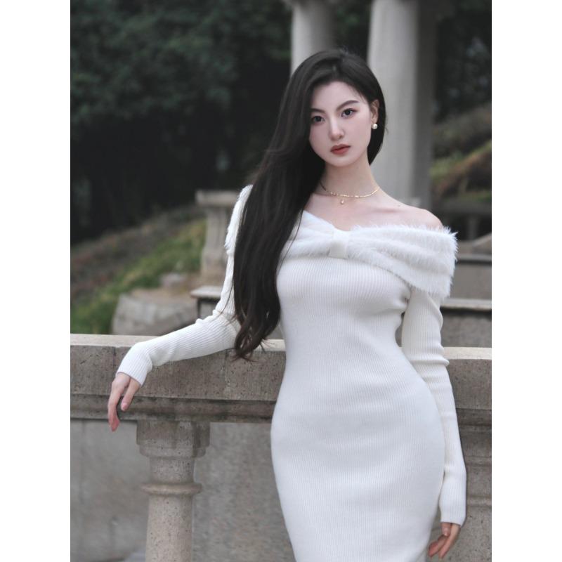 

Gentle wind dress long skirt design sense imitation mink one-word shoulder sweater skirt autumn and winter new knitted long skirt S белый
