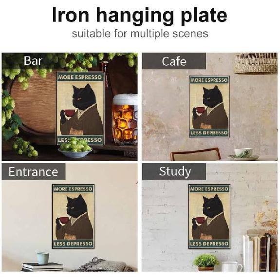 Vintage Black Cat Coffee Poster More Espresso Less Depresso Wall Sign Novelty Metal Tin Sign Home Vintage Art Decor Iron Painting 8X12 Inch