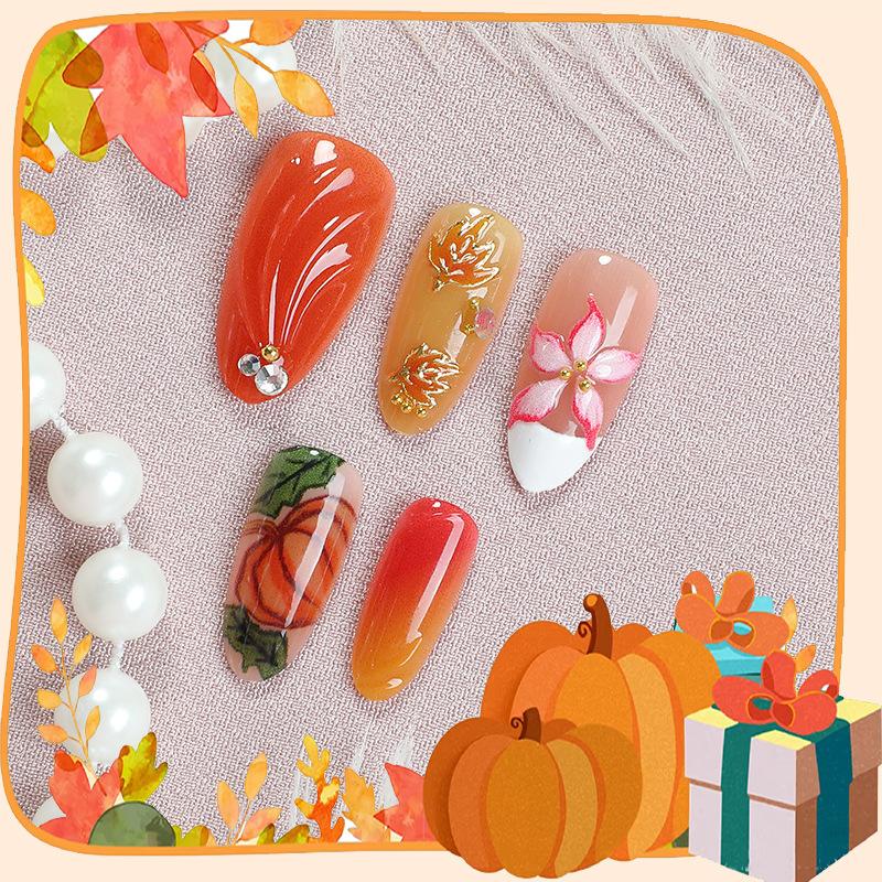 30 new Thanksgiving Maple Leaf Pumpkin Almond Wear Nail Gilt 3D three-dimensional gradual change flower nail art