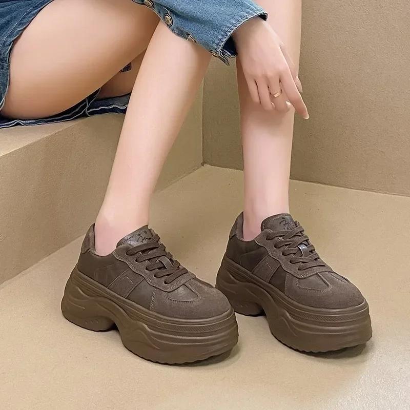 Fashion 7.5CM Single Shoe Women Spring Autumn Thick Leather Heightened Thick Sole Lace-up Sneakers Retro Oxford Shoes Women Casual Shoes