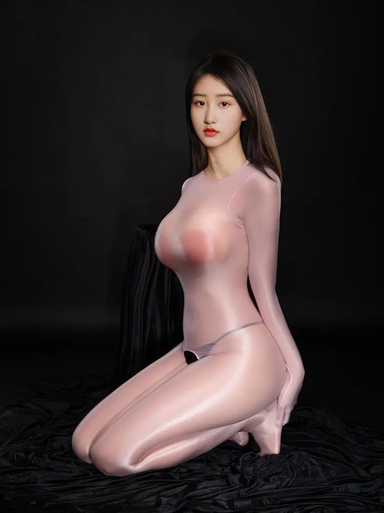 Sexy Five Finger Jumpsuit High Elastic Cortch Women'S Bodysuit Unitard Shiny Glossy Tights Transparent Night Woman Clothing