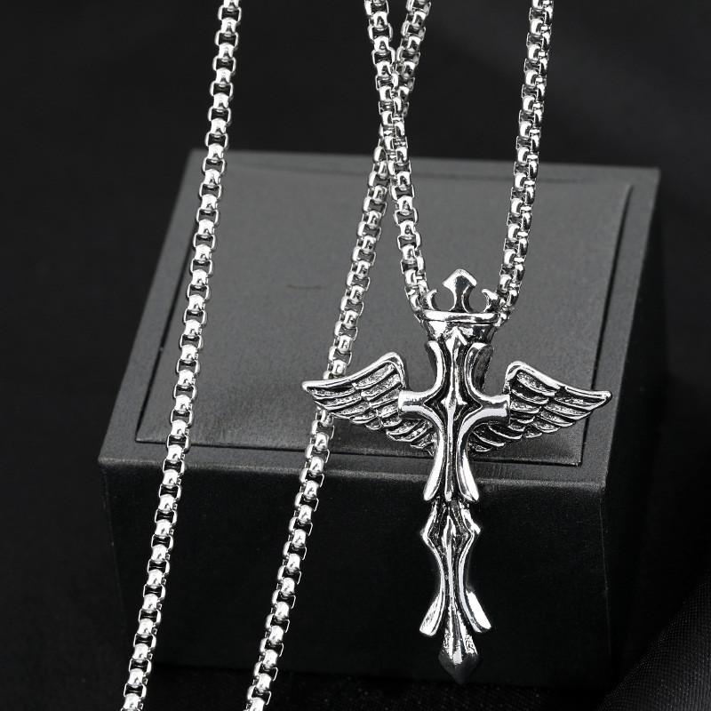 Unique Angel Wings Cross Pendant Necklace For Hip Hop Fashion Lovers In Titanium Steel