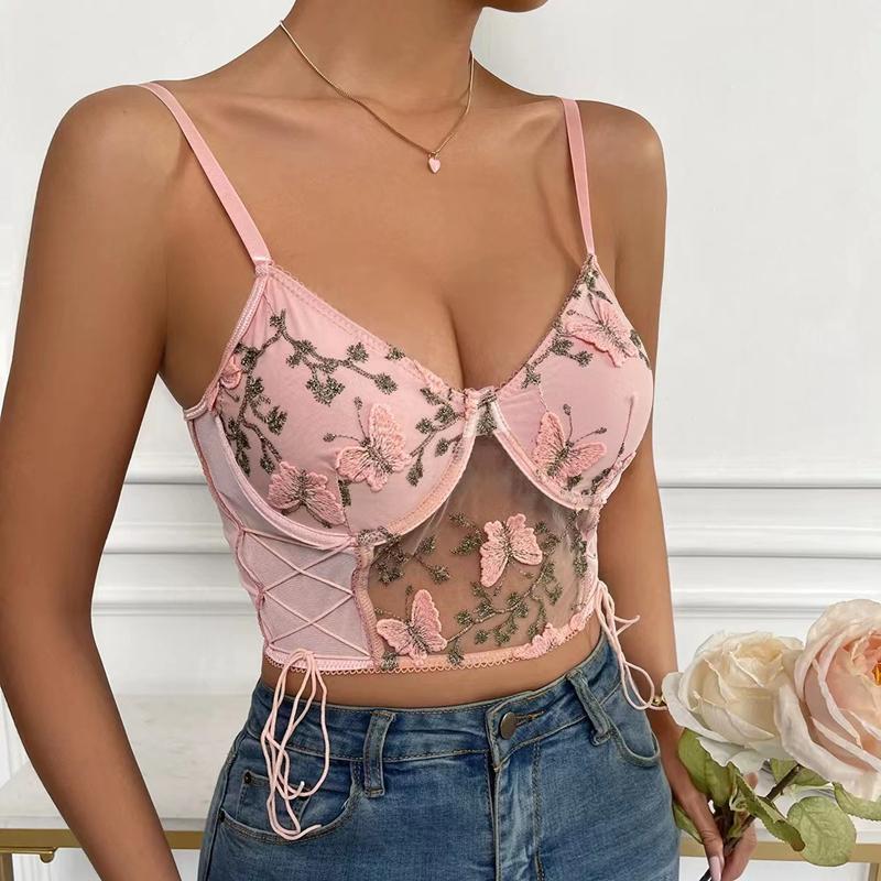 Sommer Floral Stickerei Crop Tops Frauen Spitze Mesh Schmetterling Gummiband Cami Top Damen Sexy Casual Backless Kurze Tank Top