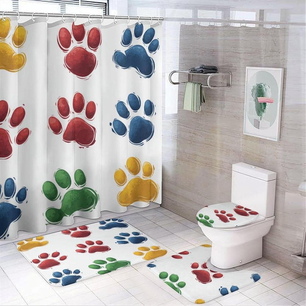 Bathroom Curtain And Rug Set, Colorful Paw Prints Pattern Printed On Bathroom Decor Sets With Shower Curtains And Rugs,