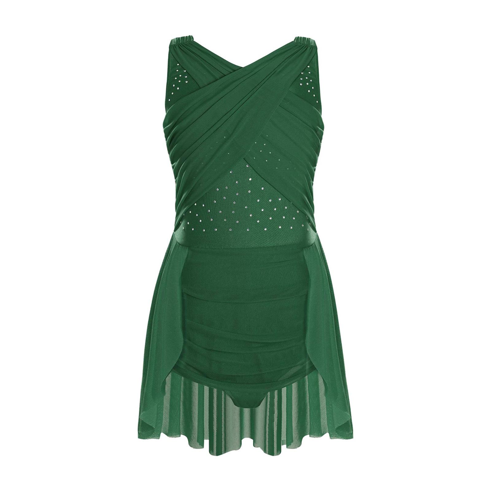 

Дівчаче ліричне танцювальне плаття Перехресна сітчаста накладка Виріз на спині Блискучі стрази Нерегулярний поділ Сукня для фігурного катання 9-10 Years зелений