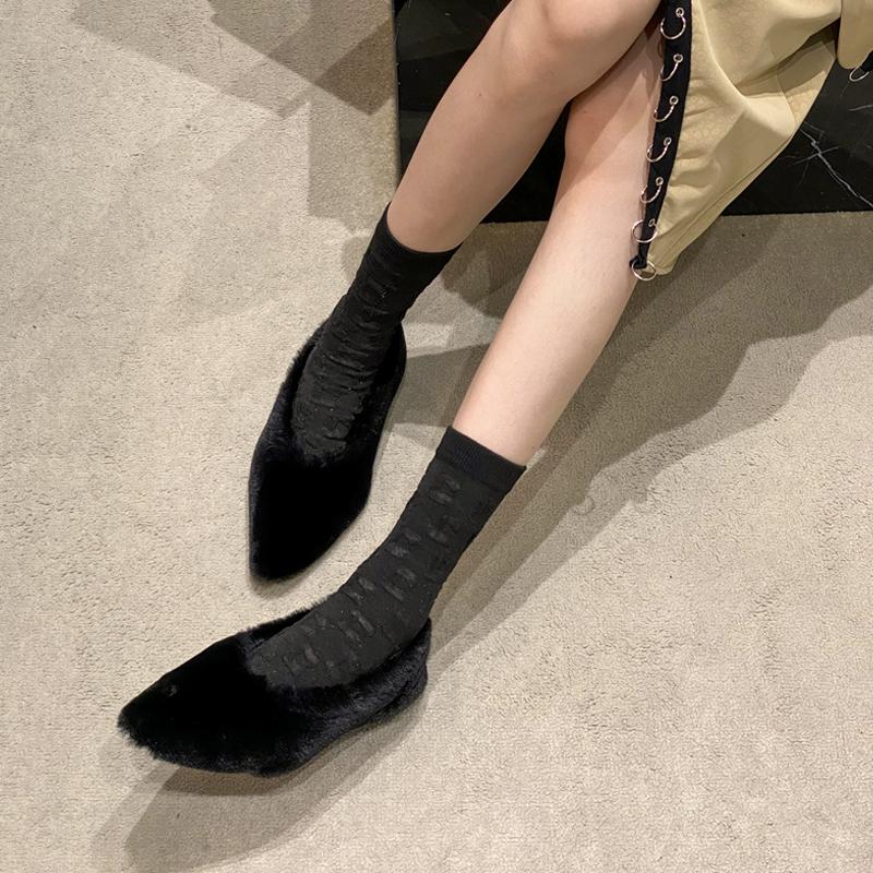 Fashion Fashion Pointed Toe Fur Ballet Flat Woman Winter Warm Plush Shallow Loafer Ladies Concise Furry Heeled Dress Shoes Zapatos Mujer
