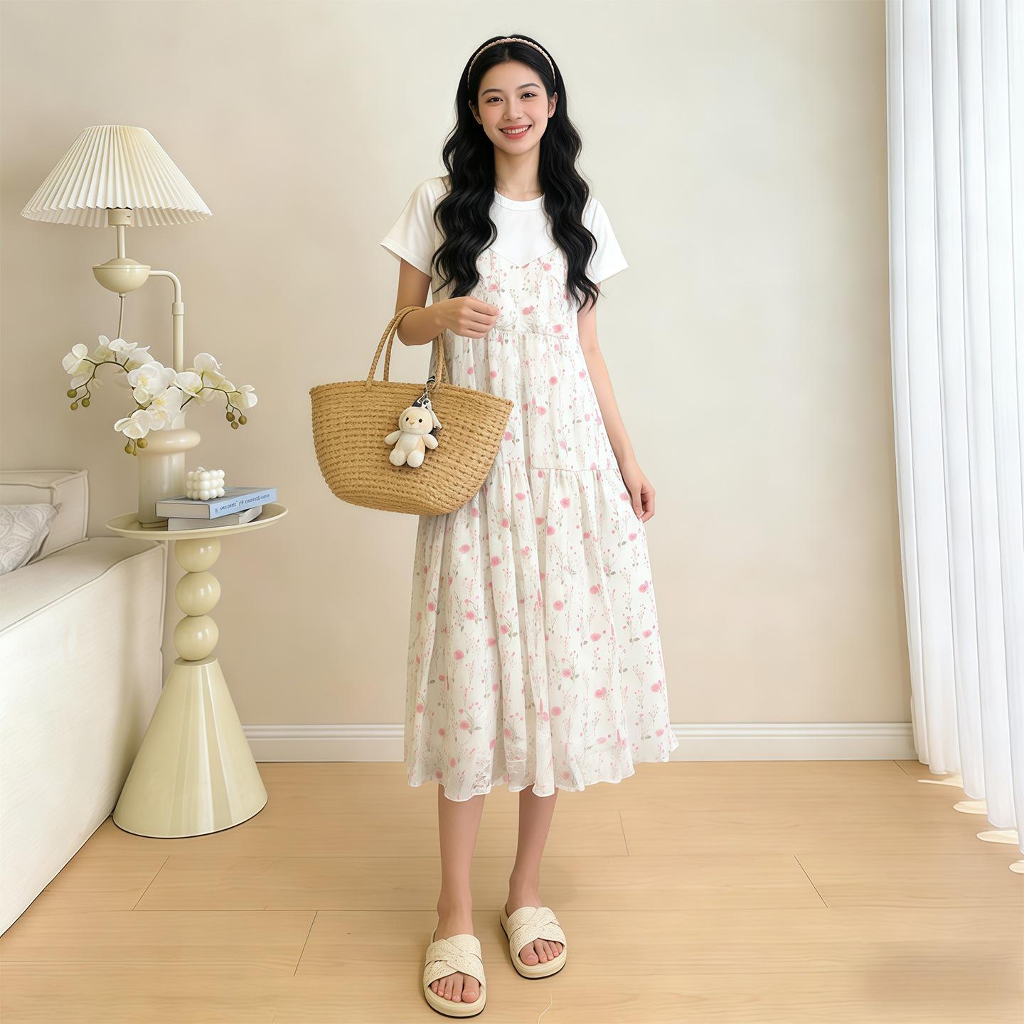 

2026 Summer Short Sleeve Maternity Patchwork Dress – New Loose Fit, Belly Covering, Fashionable Fake Two-Piece for Stylish Moms XL рожевий