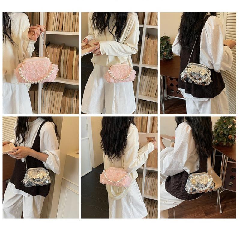 Ladies' Handbag, Women's Light Luxury Socialite Style Dinner Bag, Sequin Clip on Pearl Chain Handbag, Lace Flower Wedding Bag