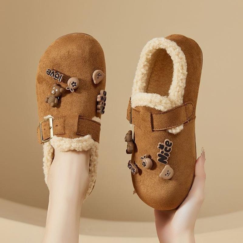 

Женские плюшевые туфли с полной закрытостью, плоской подошвой, хлопковые туфли с мультяжной пряжкой на одну ногу 40 светло-коричневого