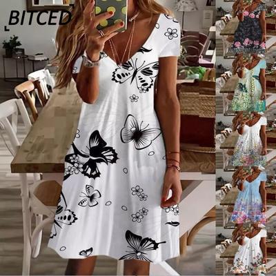 Fashion Summer Spring  Short Sleeve V-Neck Casual Dresses