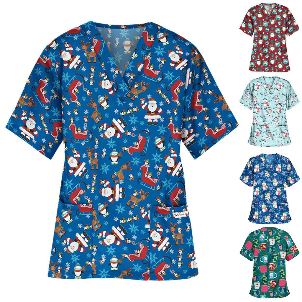 Women Short Sleeve V-neck Tops Working  Christmas Thanksgiving Blouse