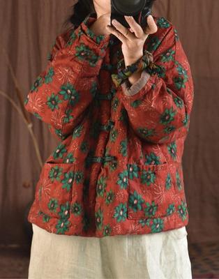 Women Vintage Print Floral Parkas Chinese Style Button Linen Coats Winter Long Sleeve Pockets Women Warm Coat