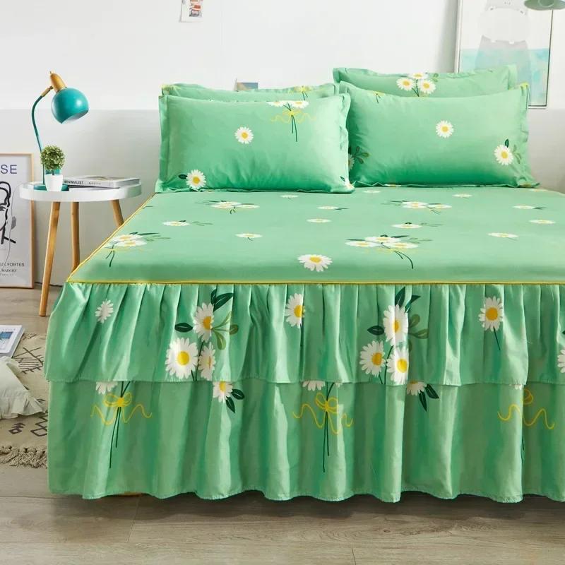 1PC Bed Skirt Cartoon Style Bed Cover Ruffled Bedsheet Falda De Cama Quilted Mattress Covers Lace Bedspread (No Pillowcase)