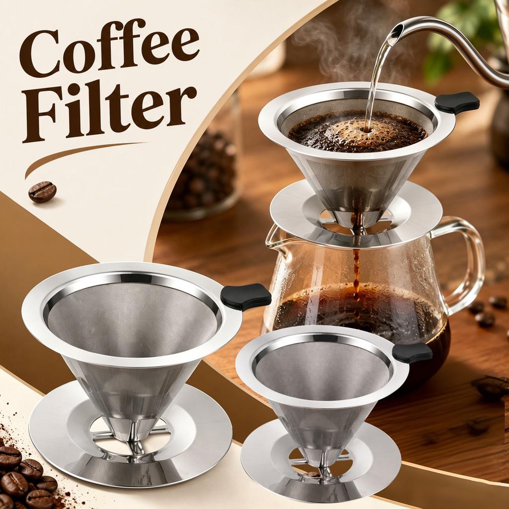 Stainless Steel Coffee Filter Double Layer Mesh Reusable Dripper Easy To Clean Durable Metal Cone for Pour Over Brewing