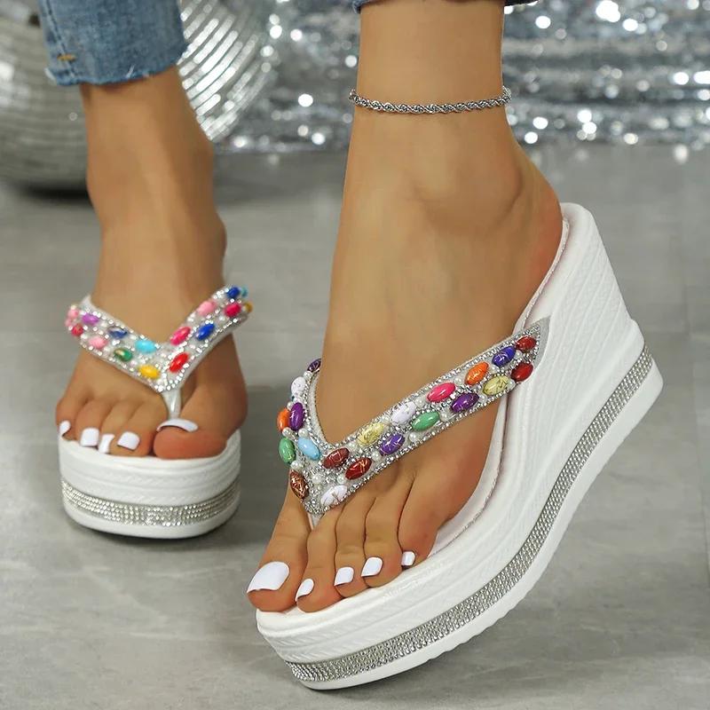 Colorful Gem High Wedges Flip Flops Women Summer  Chunky Platform Crystal Clip Toe Sandals Woman Thick Bottom Beach Slippers