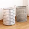 Spacious Grid Pattern Cotton Linen Foldable Laundry Basket for Home Storage of Dirty Clothes Toy and Household Items