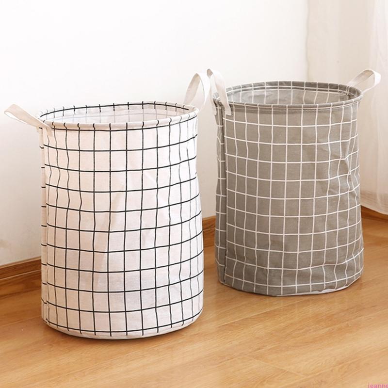 Spacious Grid Pattern Cotton Linen Foldable Laundry Basket for Home Storage of Dirty Clothes Toy and Household Items