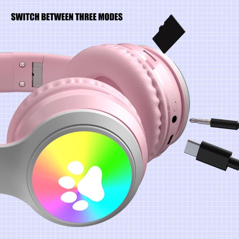 Active Noise Cancelling Wireless Bluetooth-compatible Cats  Ear Headphones Led Foldable Earphones TF Card Support