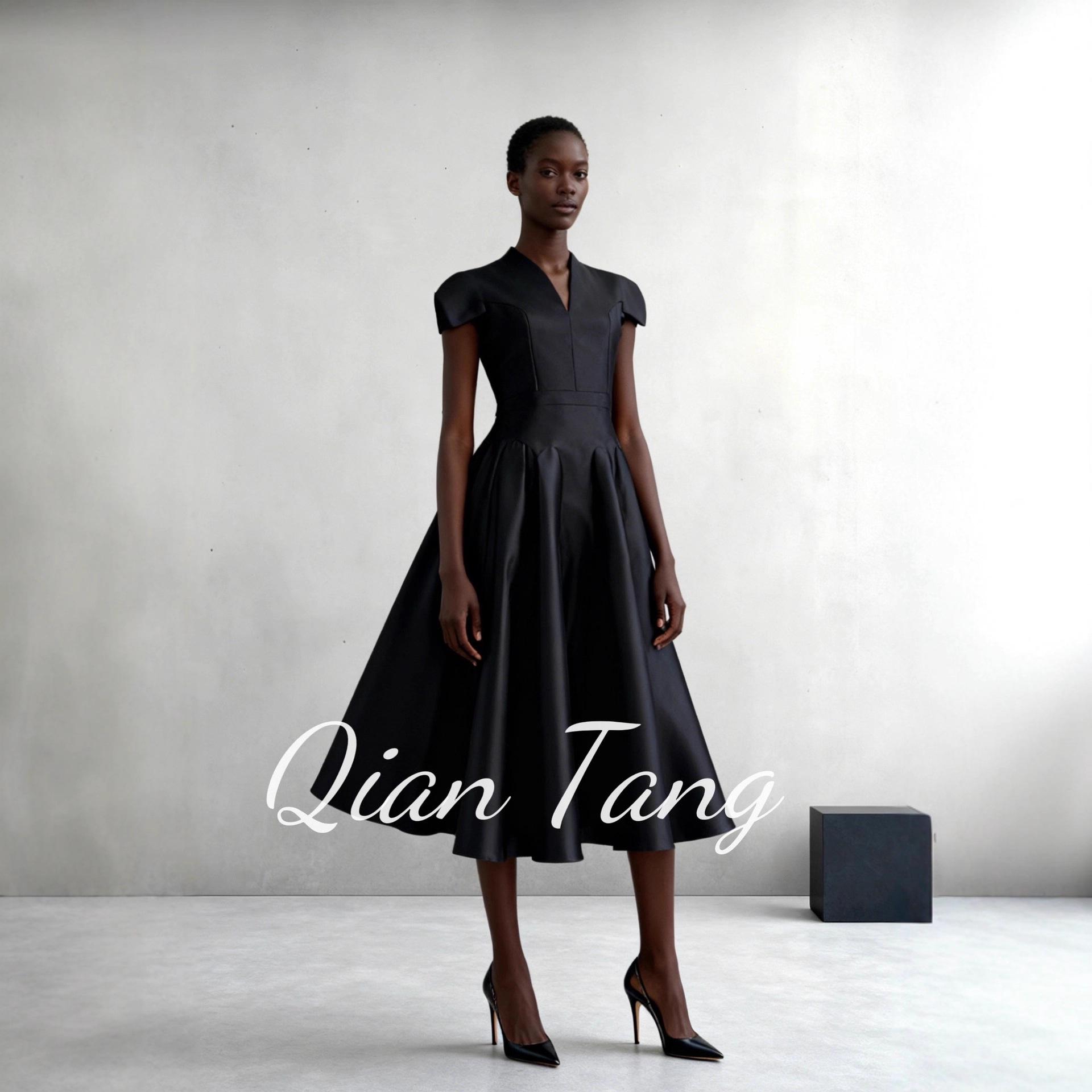 High-End V-Neck Petal Evening Gown in Acetate Fabric, European & American Casual Style M чёрный