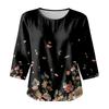 Damen Freizeitbluse mit Blumenprint, Rundhalsausschnitt, Dreiviertelärmel, Leinen-Baumwollmischung, Lockerer Schnitt, Leichtes Oberteil für den Alltag