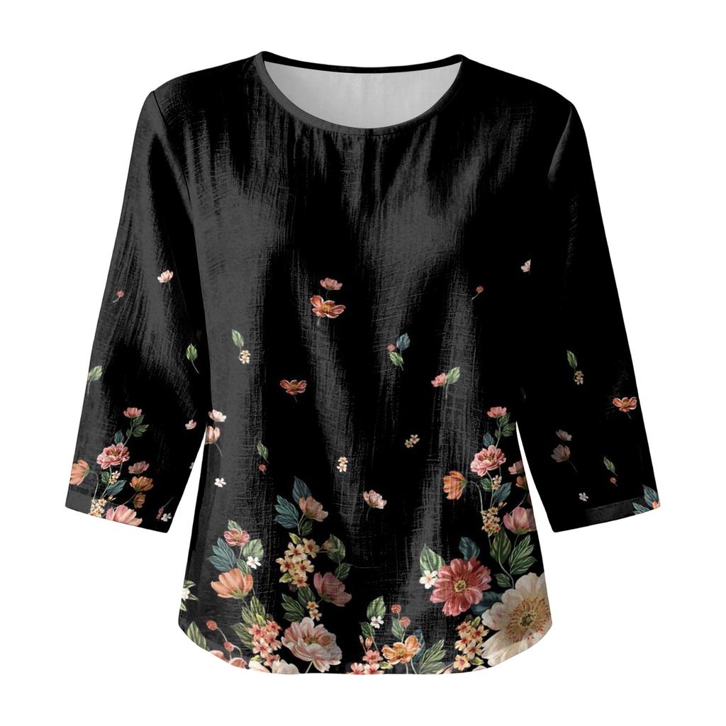 Damen Freizeitbluse mit Blumenprint, Rundhalsausschnitt, Dreiviertelärmel, Leinen-Baumwollmischung, Lockerer Schnitt, Leichtes Oberteil für den Alltag