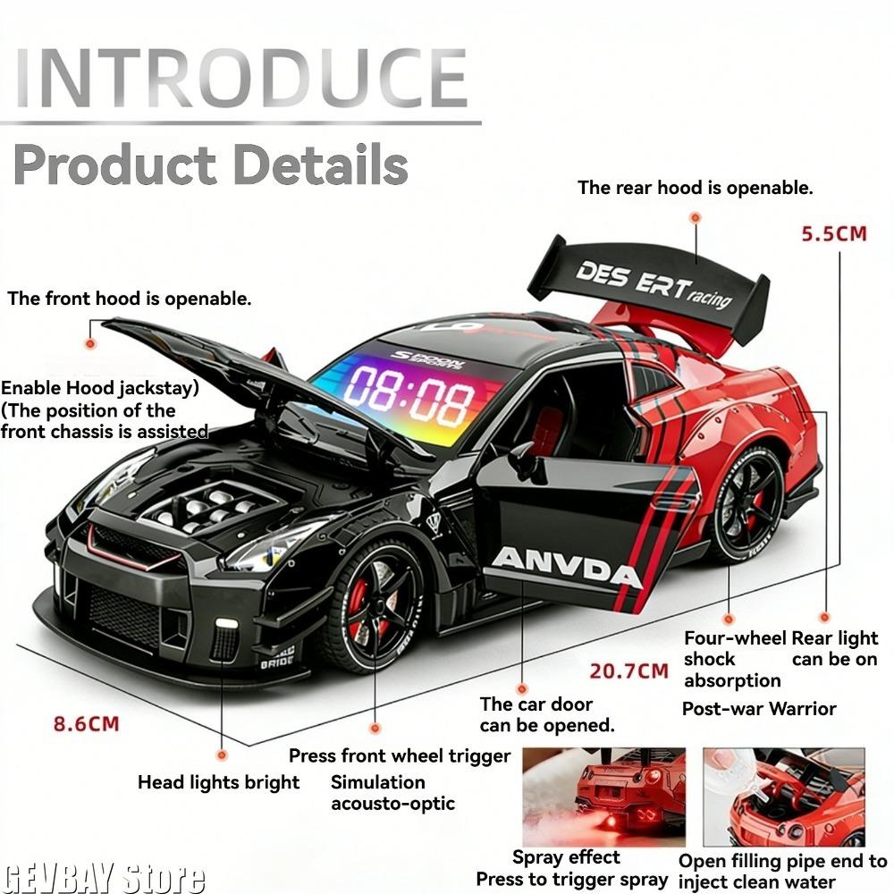 Supercar Shape Alarm Clock Alloy Material Spray Exhaust Gas Function Simulation Sound Door Can Be Turned On Lights Can Be On