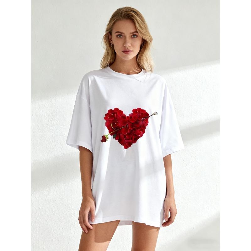 Oversized T Shirt Black Rose Heart With Arrow Print Casual Wear For Women