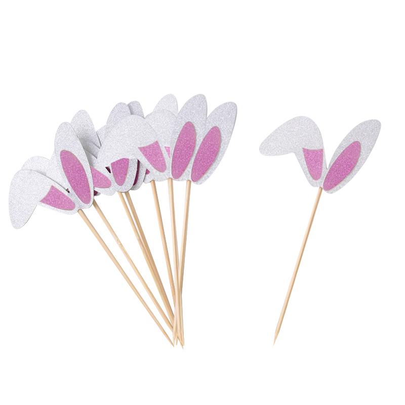 

12/24pcs Glitter Bunny Ears cake Toppers Easter Rabbit Theme Happy Birthday Cupcake Picks for Easter Birthday Party Cake Decor