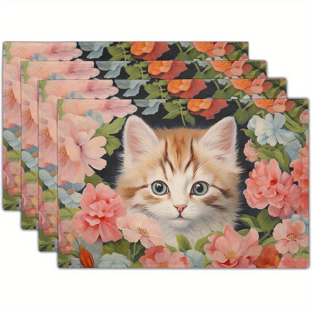 4 - Piece Cute Kitten with Floral PatternPlacemat Style pattern linen placemat, 12 x 18 Inches, Washable Table Mats for Home 30x45cm-6PC