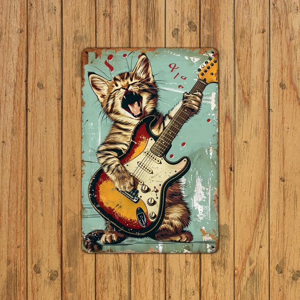 Rock Music Lover Cat Playing Guitar Vintage Metal Tin Sign Wall Art Decor for Gym,Garden - Indoor & Outdoor Retro Decoration