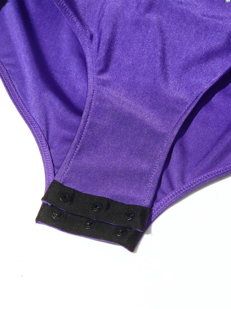 Girls Gymnastic Leotard Sparkly Rhinestones Patchwork Asymmetric Sleeve Design Back Hole Out Crotch Press Buttons Dance Unitard Competition Bodysuit