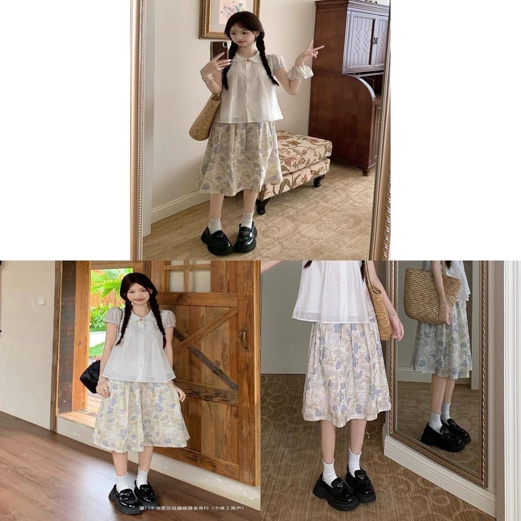 Girls Summer Floral High Waist Midi Skirt With Splicing Print For Casual Wear