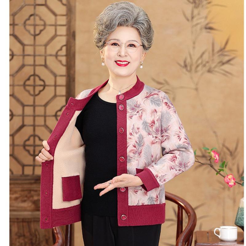 Oma Herbst und Winter Strickpullover Frau alte Dame Mantel alte neue Mutter Packung Fleece verdickter Strickjackenpullover